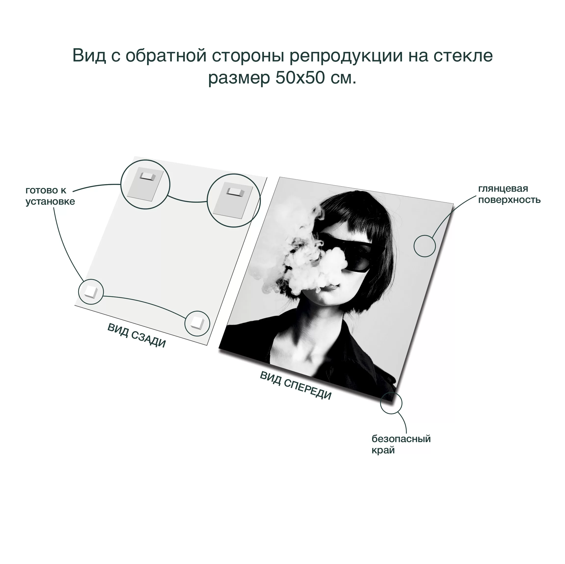 картина на стекле 50х50 см, "Белый дым", AR040, вид сзади