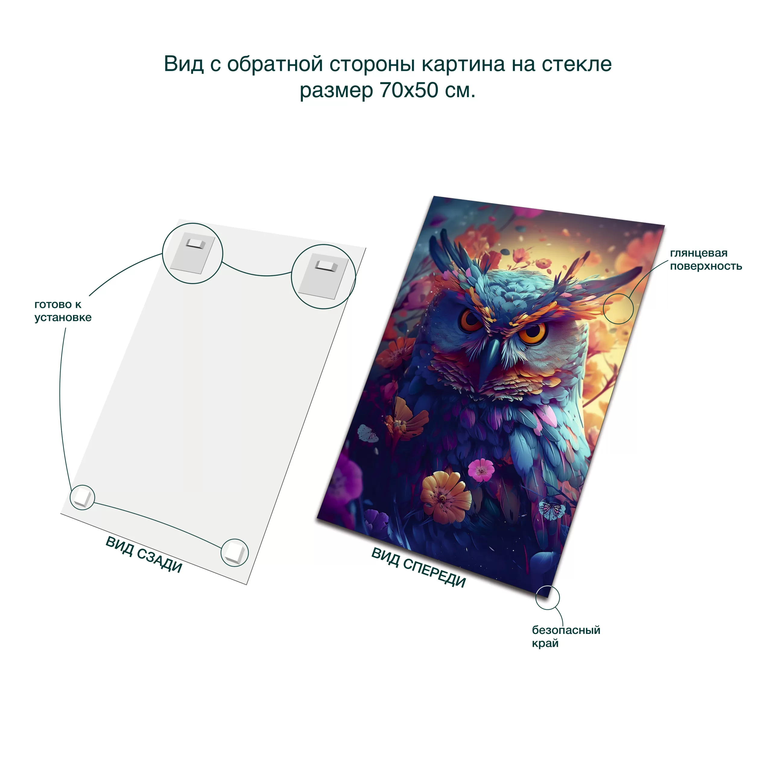 картина на стекле 50х70 см, "Радужная сова", AR057, вид сзади