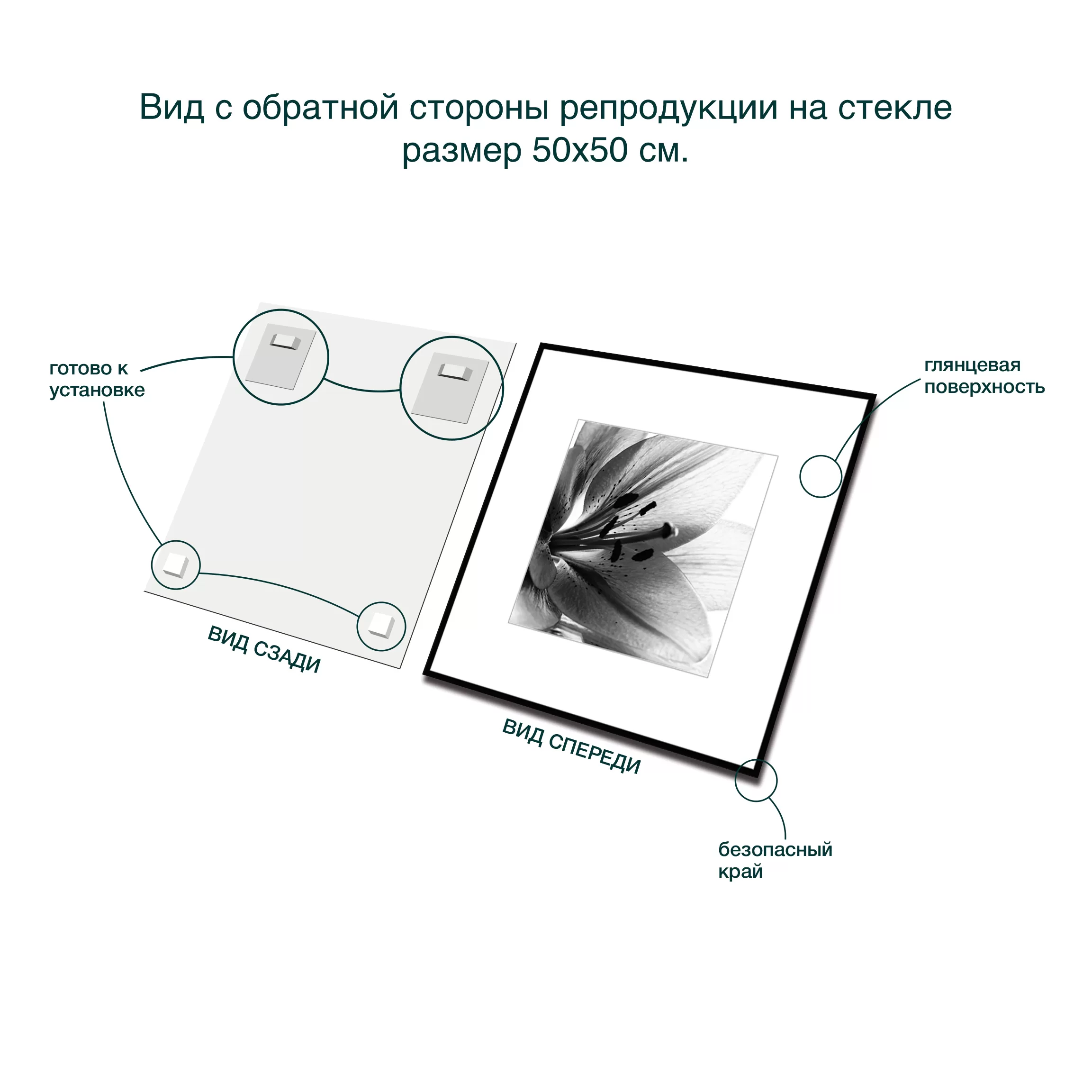 картина на стекле 50х50 см, "Листья 1" BW007 вид сзади